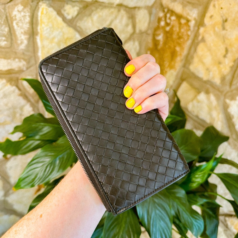Bottega Veneta Intrecciato Woven Leather Zip Around Long Wallet Black